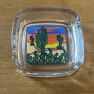 Vintage MAACK Glass Ashtray Desert Cactus Sunset MCM Retro Western 70's Vibe